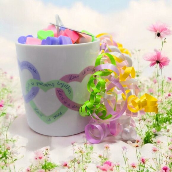 Handmade ✦ Love Is… Ceramic Mug Candle ✦ Rainbow Heart Wax Sherbet Scent NWT - Picture 2 of 10